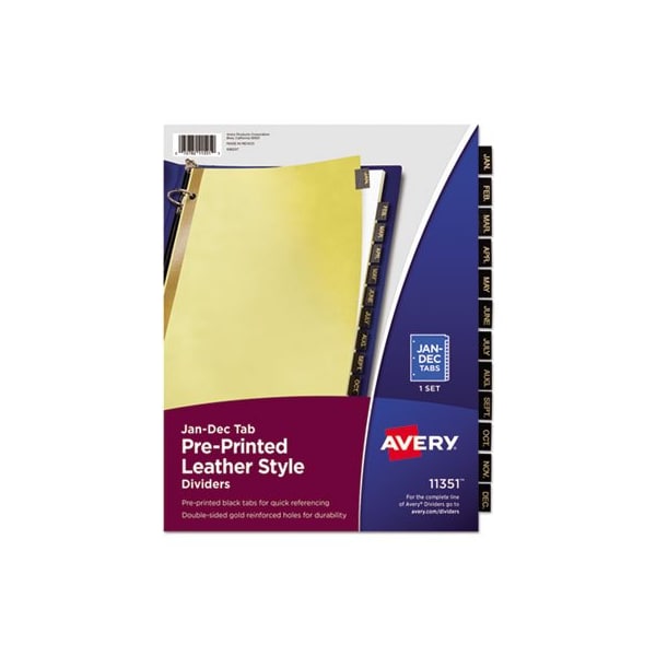 Avery Dennison Avery, Preprinted Black Leather Tab Dividers W/gold Reinforced Edge, 12-Tab, Ltr 11351 - main